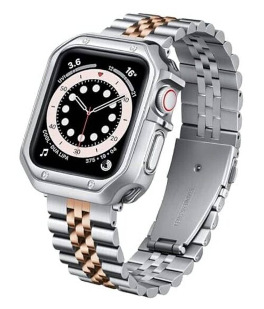 Silver metal link watch band with rose-gold stripe on square smartwatch