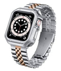 Silver metal link watch band with rose-gold stripe on square smartwatch