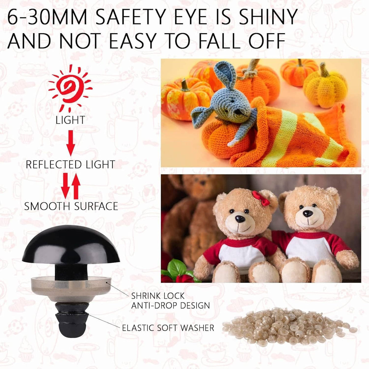Colorful plastic safety eyes with snap-lock backs and elastic washers for amigurumi