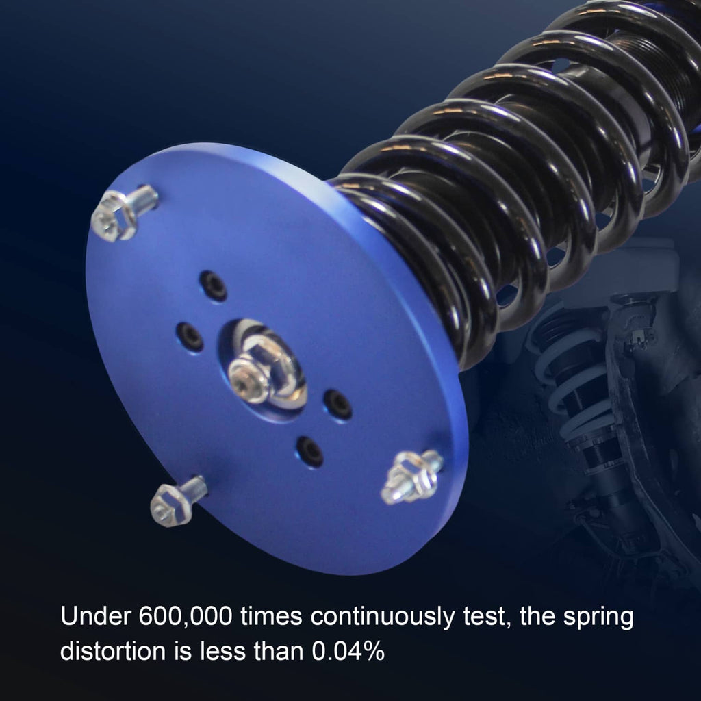 Close-up of blue top mount plate on a coilover strut with black spring coils