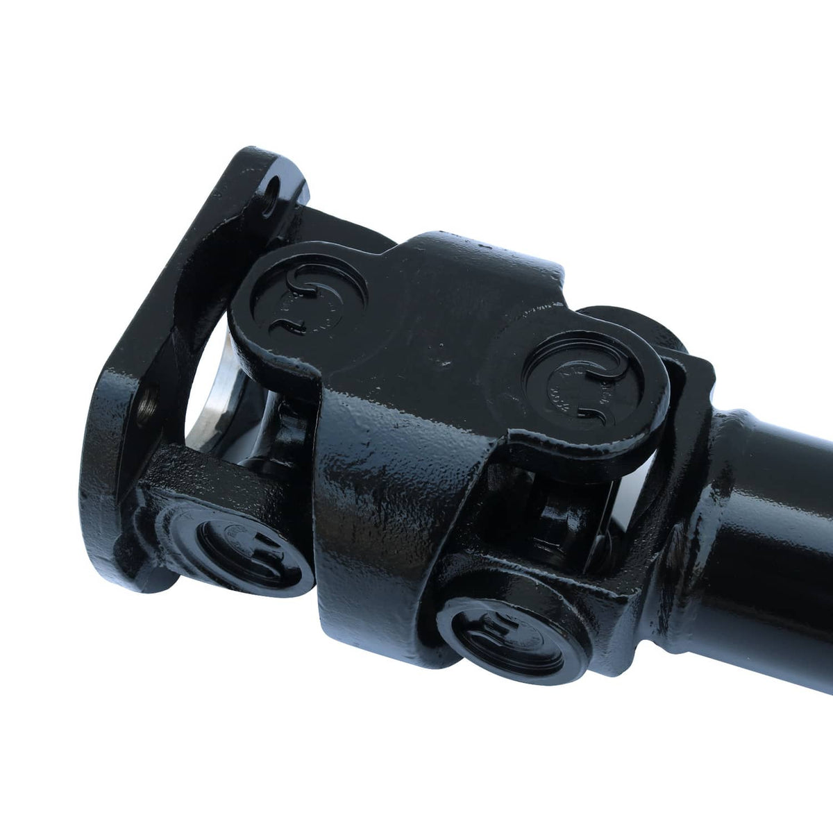 Black front drive shaft assembly with yoke, U-joint, and mounting ears