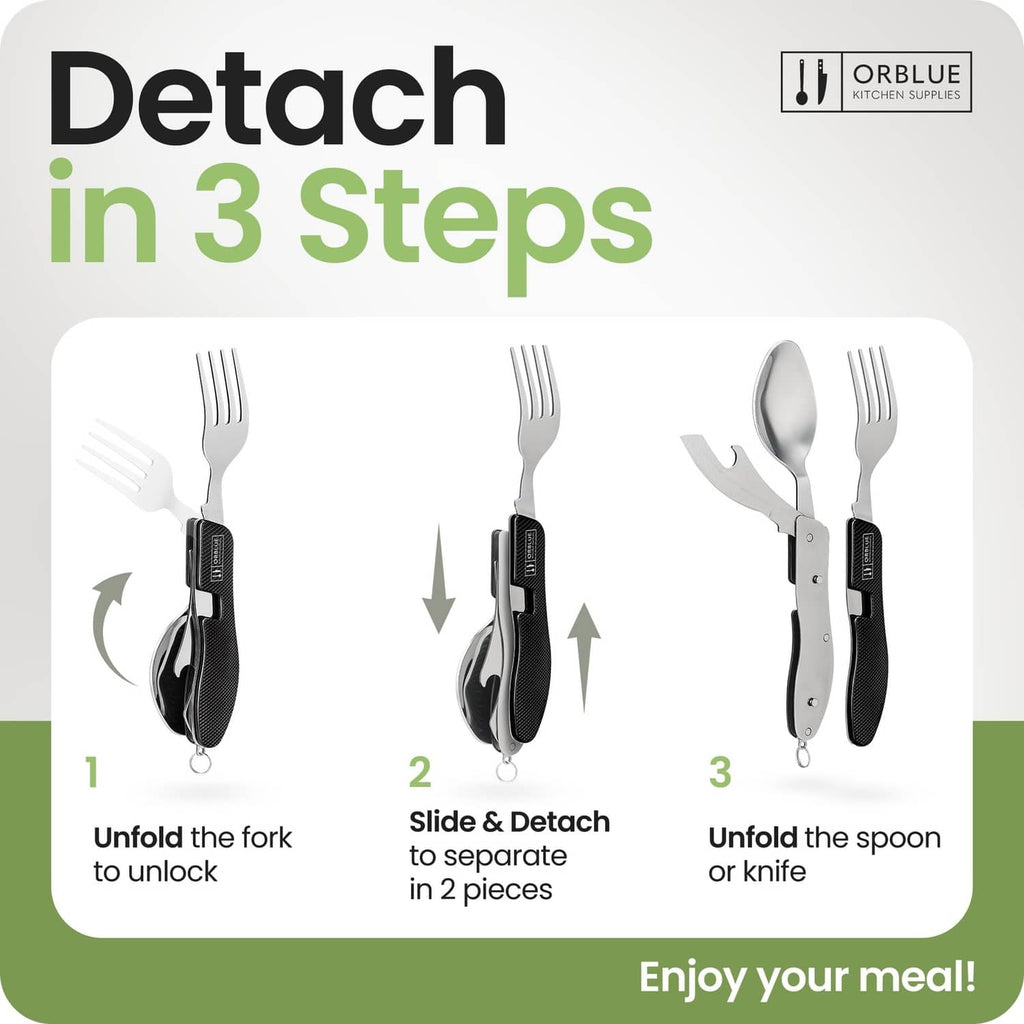 4-in-1 camping utensil with fork and spoon that slide and detach in steps