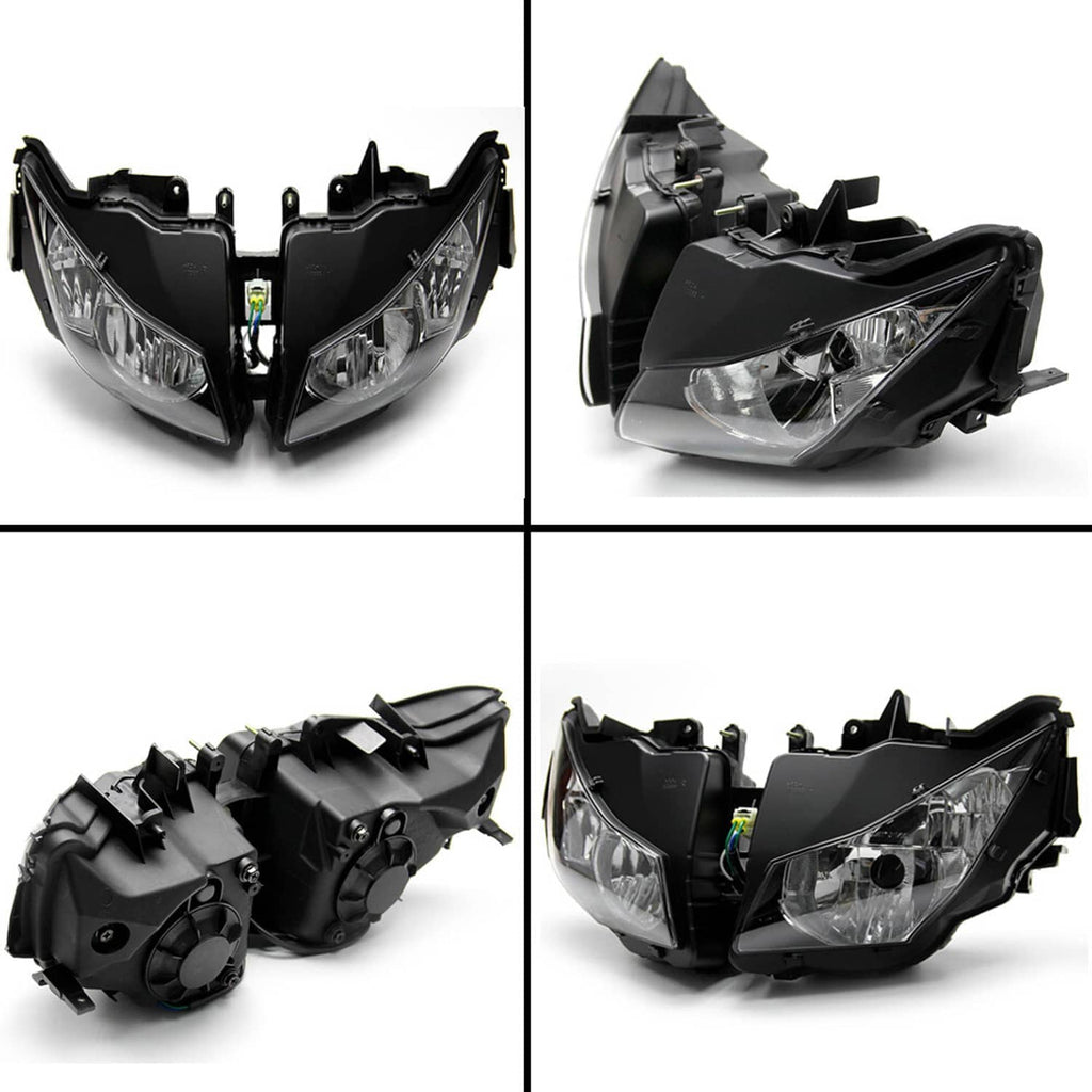Front headlight housings and mounting bracket set, shown from multiple angles with connectors