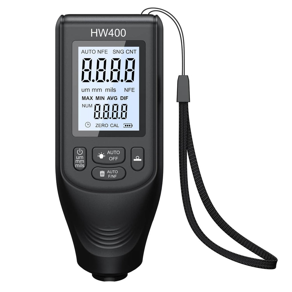Digital coating thickness gauge with LCD display and black lanyard strap.