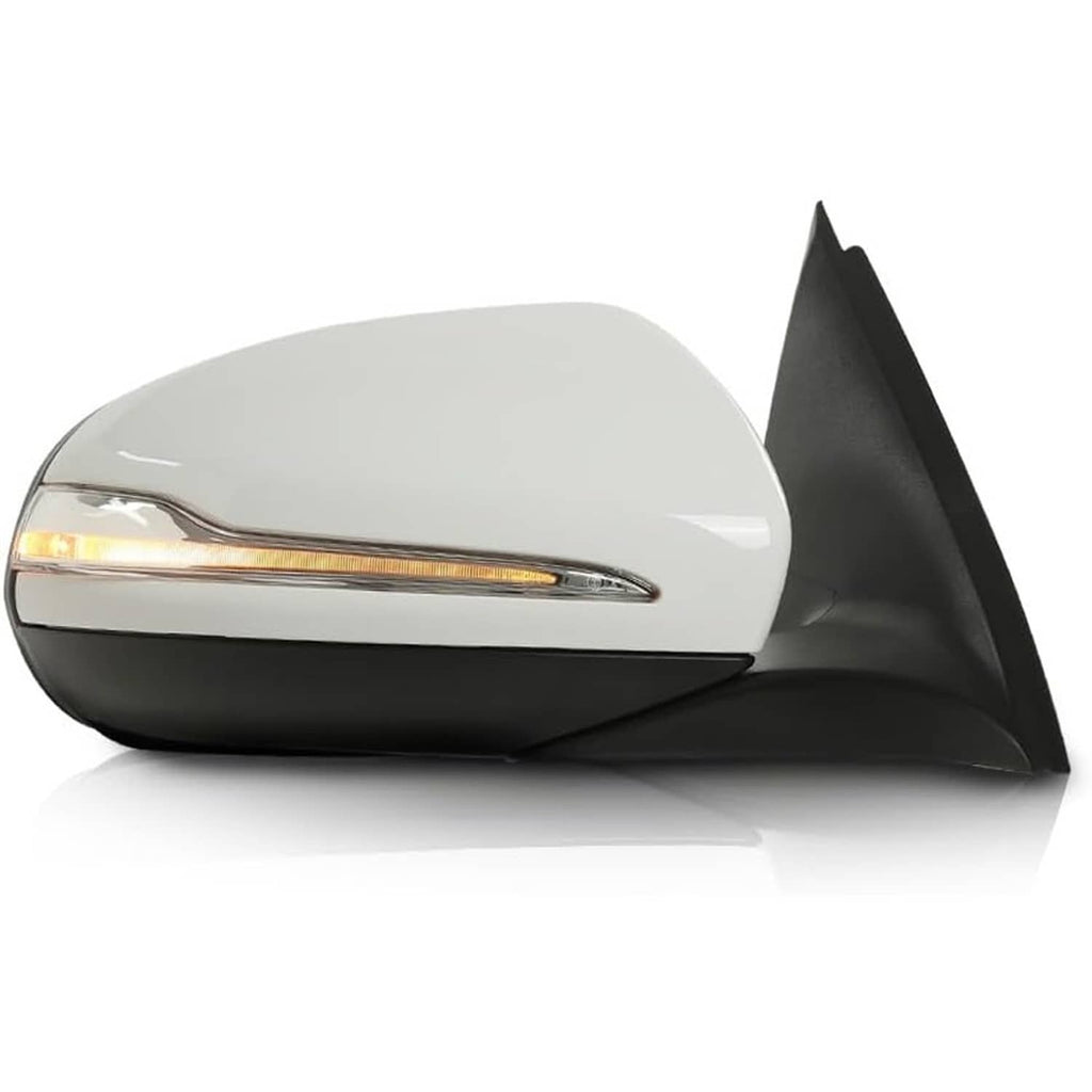 Right side mirror with turn signal and blind spot indicator, light gray and black.