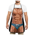 Black apron with printed muscular torso and blue leopard thong style front