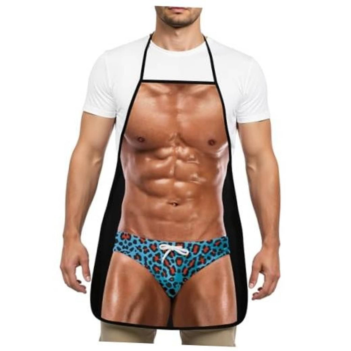 Black apron with printed muscular torso and blue leopard thong style front