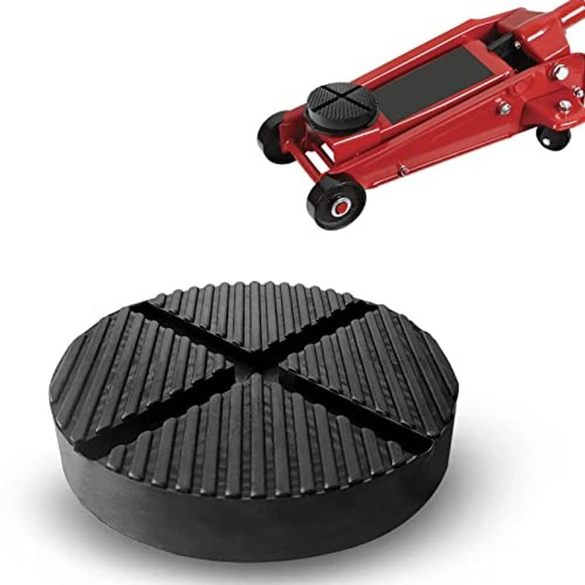Black round jack pad with ribbed cross-slit tread, shown with a red floor jack.