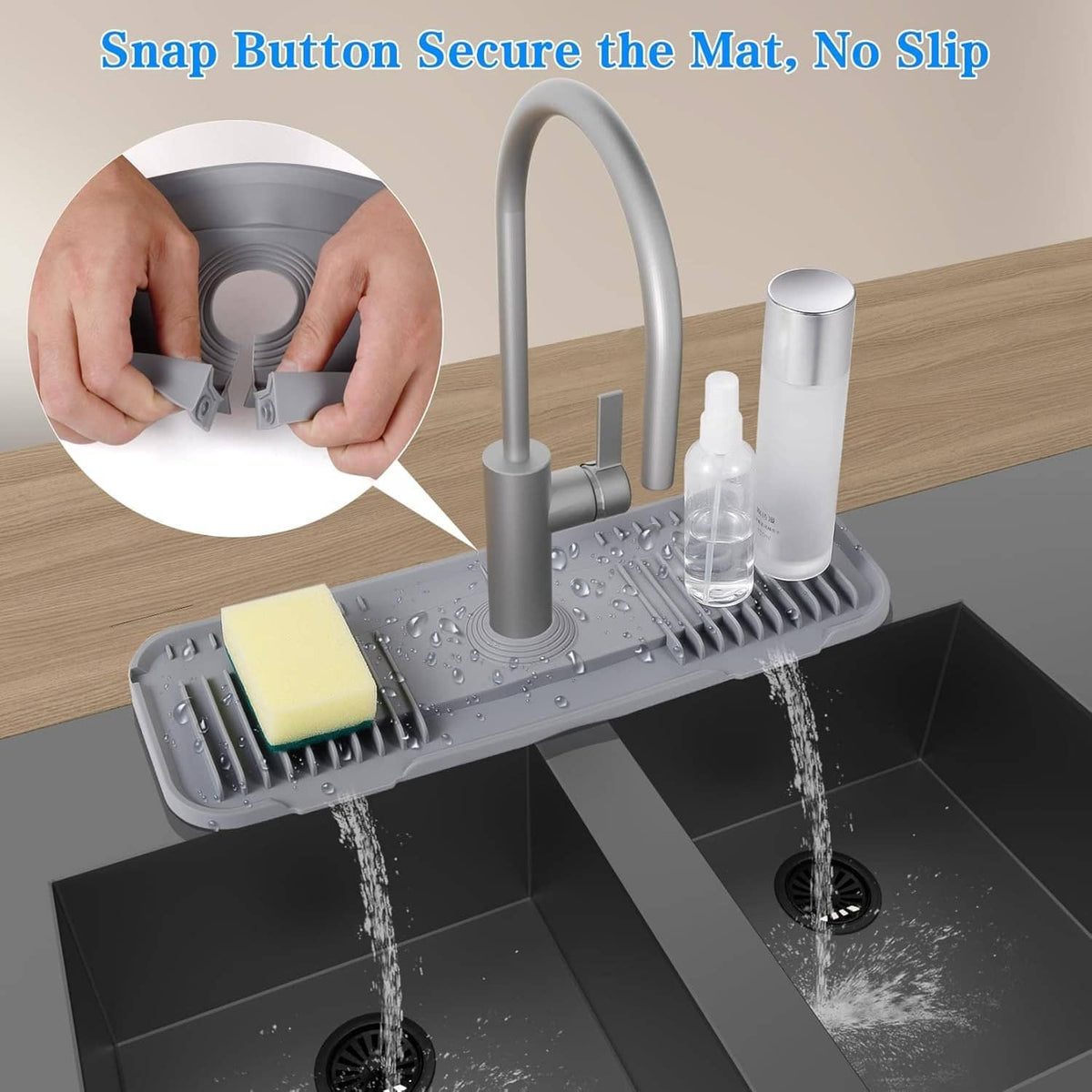 Light grey silicone sink mat and faucet deck plate with snap-button secure fit