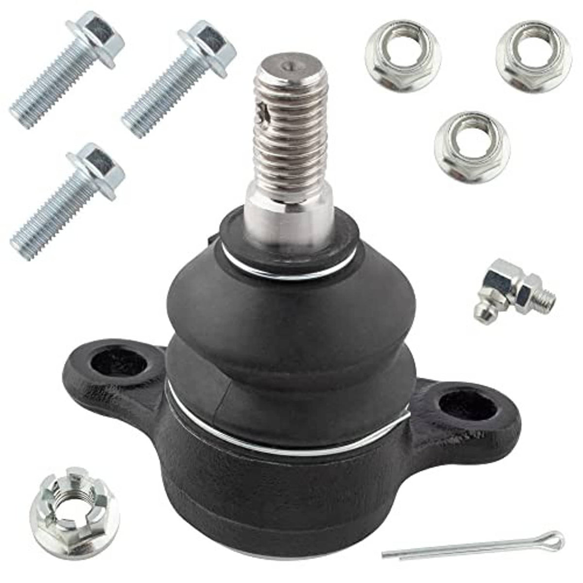 Upper ball joint assembly with black boot, metal stud, and flange base, plus hardware