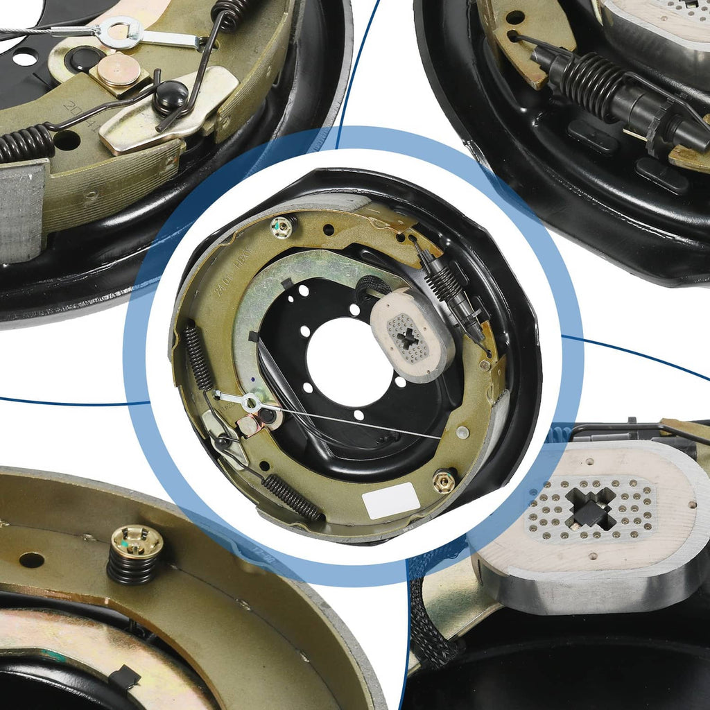 Close-up of electric trailer brake components on black and gold backing plate