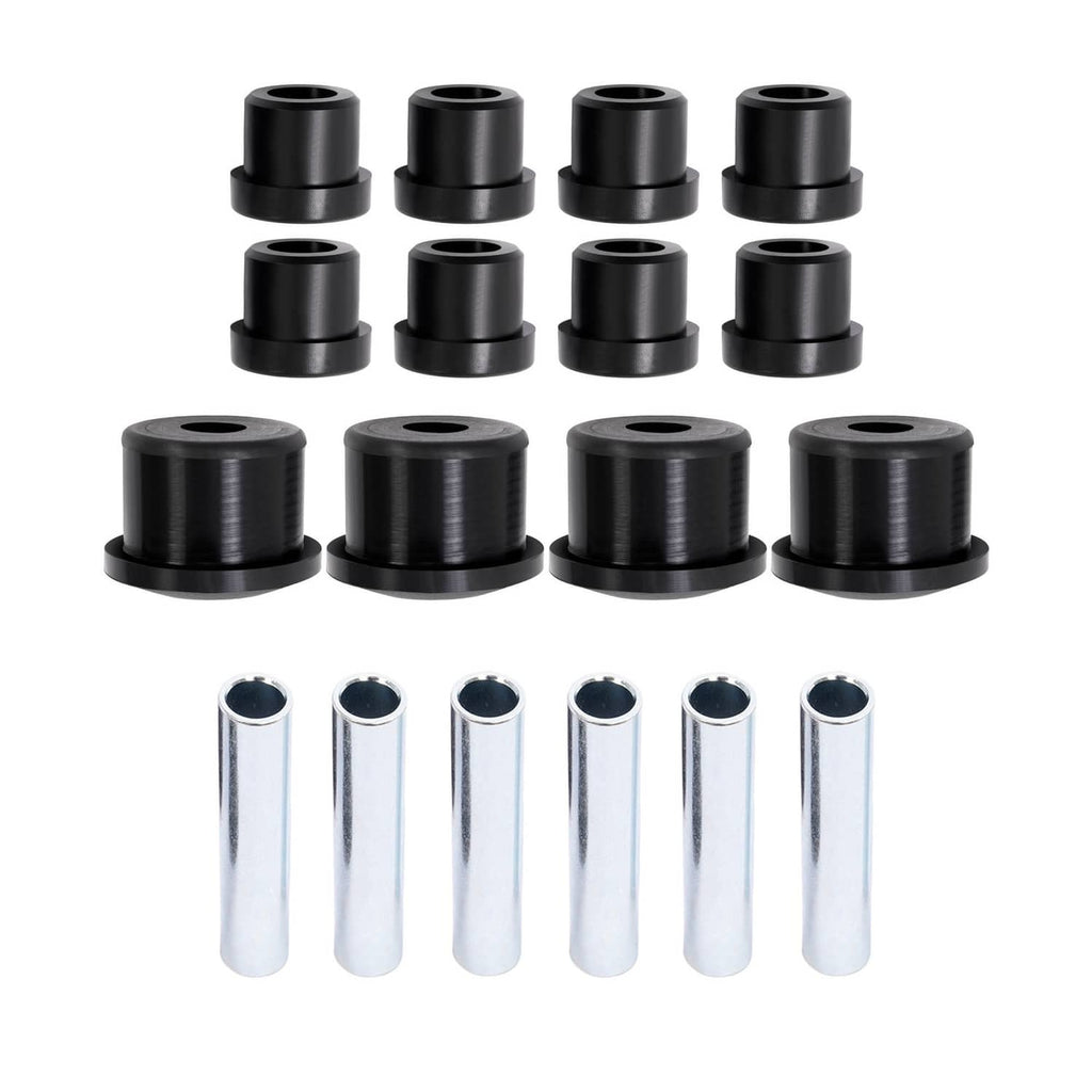 Bushing kit set view: stacked black bushings and multiple silver metal sleeves