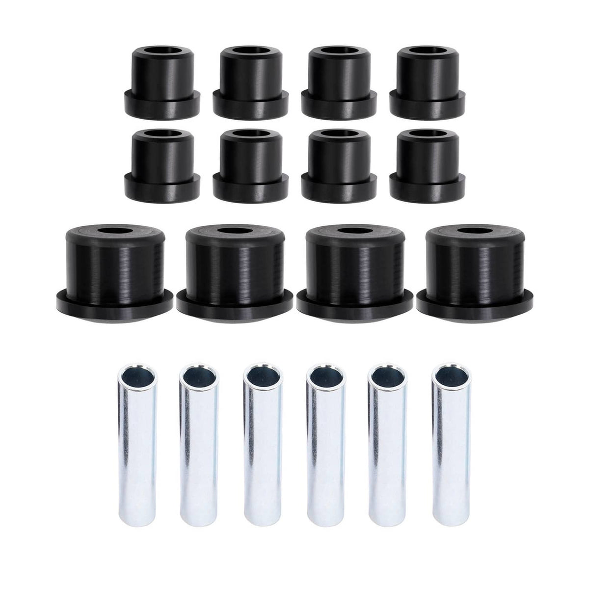 Bushing kit set view: stacked black bushings and multiple silver metal sleeves