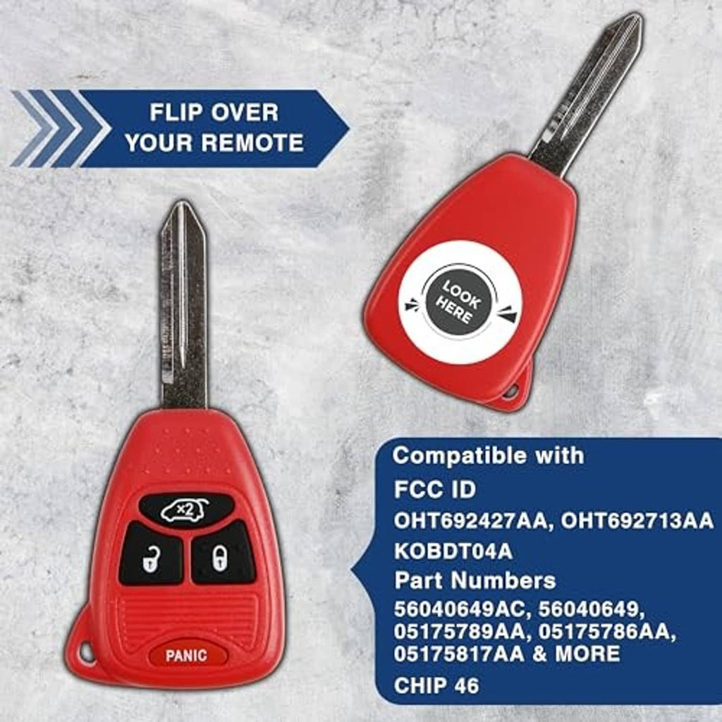 Red key fob with metal key blade and 'look here' button, with spare remote