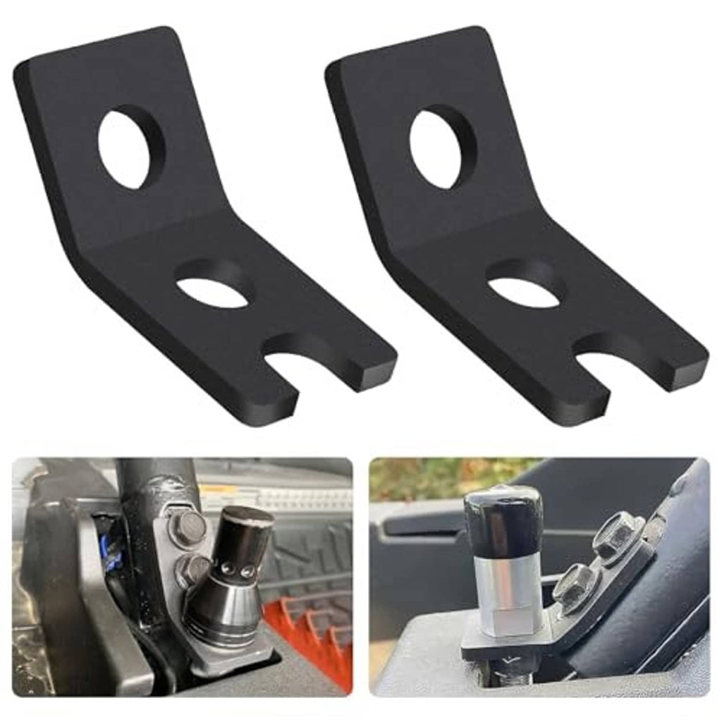 Two black mounting brackets shown close-up with round holes and U-shaped cutouts