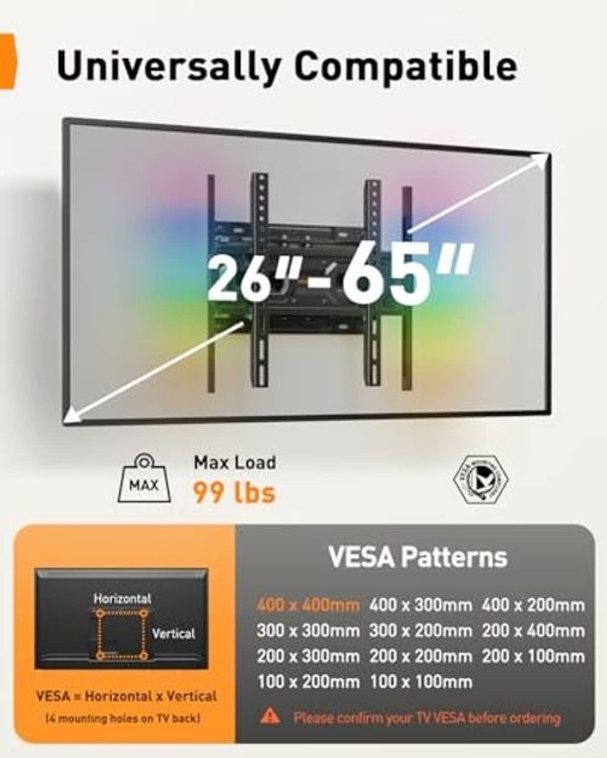 Full-motion TV wall mount bracket with VESA pattern layout diagram