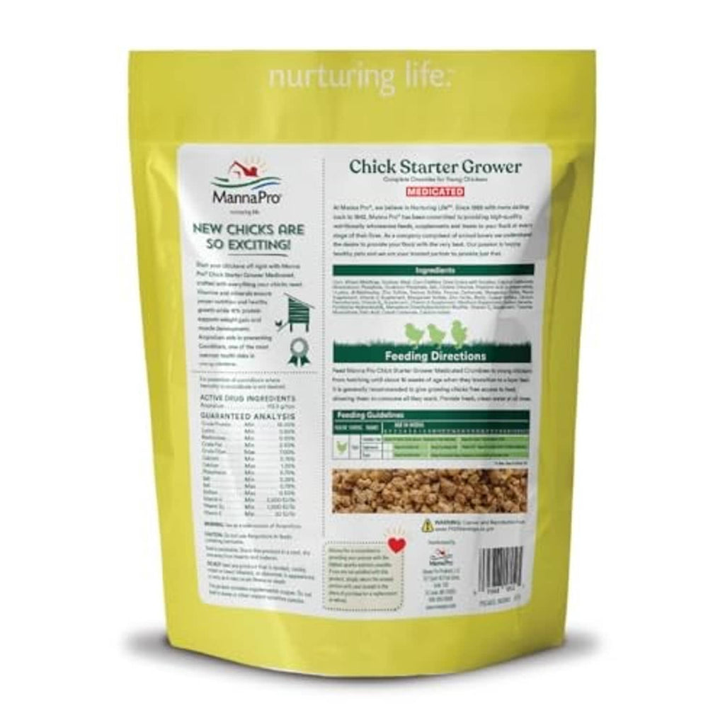 Medicated chick starter grower feed bag, yellow with detailed front label and crumbles panel