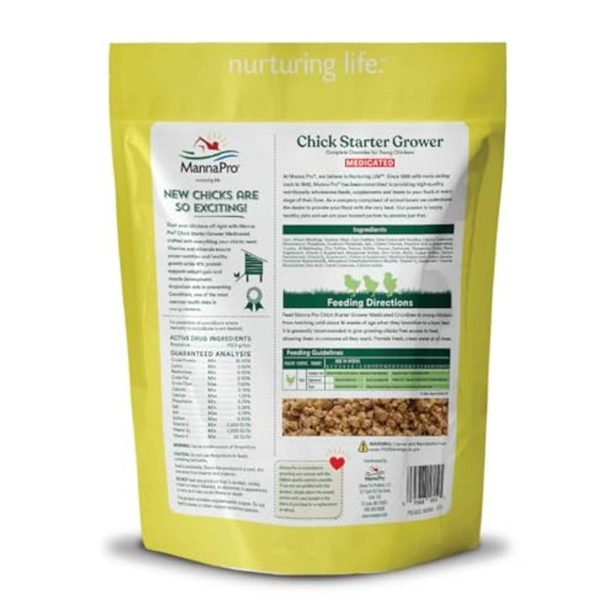 Medicated chick starter grower feed bag, yellow with detailed front label and crumbles panel