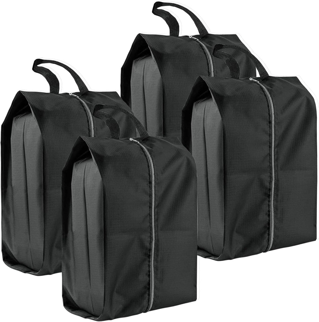 Set of 4 shoe storage bags in dark fabric, visible zippers and top carry handles