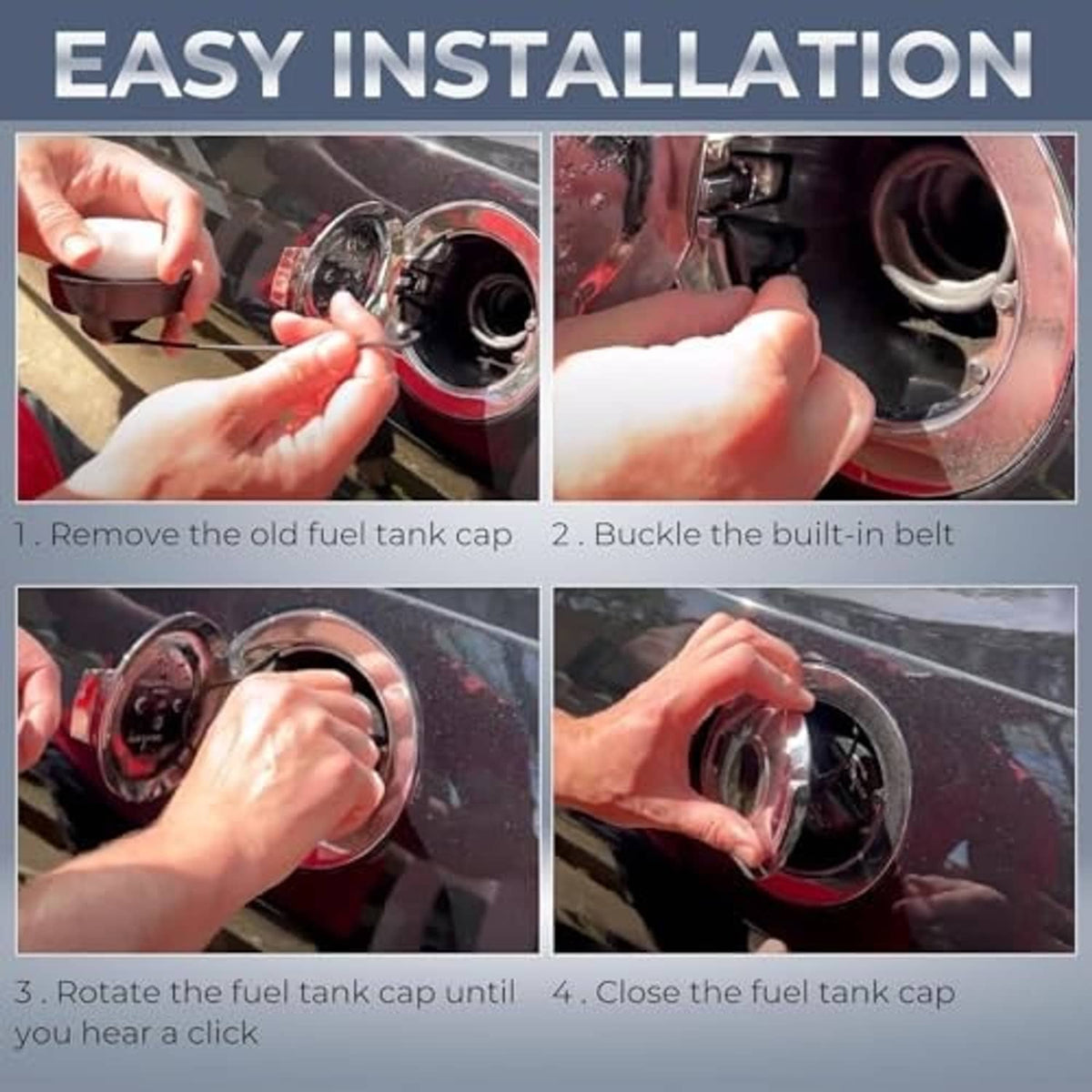 Fuel tank cap installation step diagram showing hands rotating and closing cap