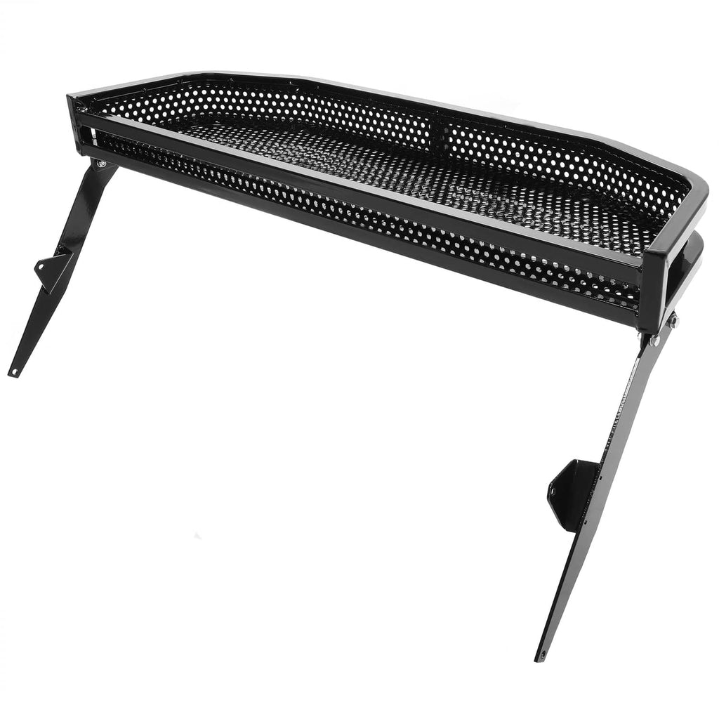 Rectangular black perforated basket with mounting legs and side brackets