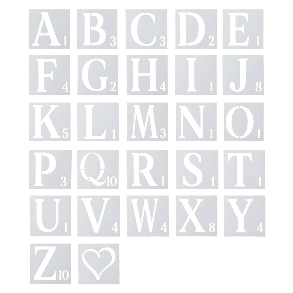 Reusable plastic alphabet stencil set with uppercase letters A–Y and heart symbols
