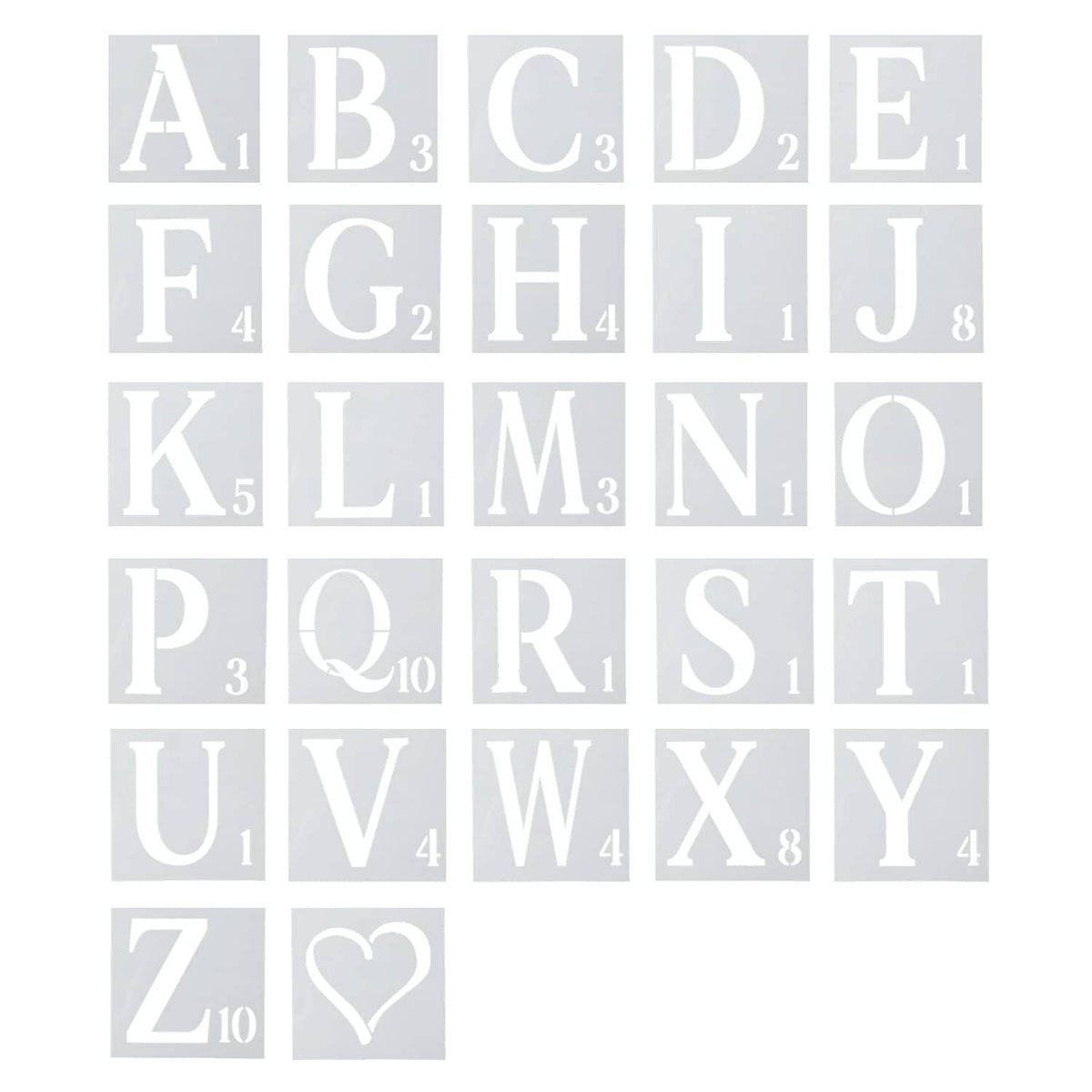 Reusable plastic alphabet stencil set with uppercase letters A–Y and heart symbols