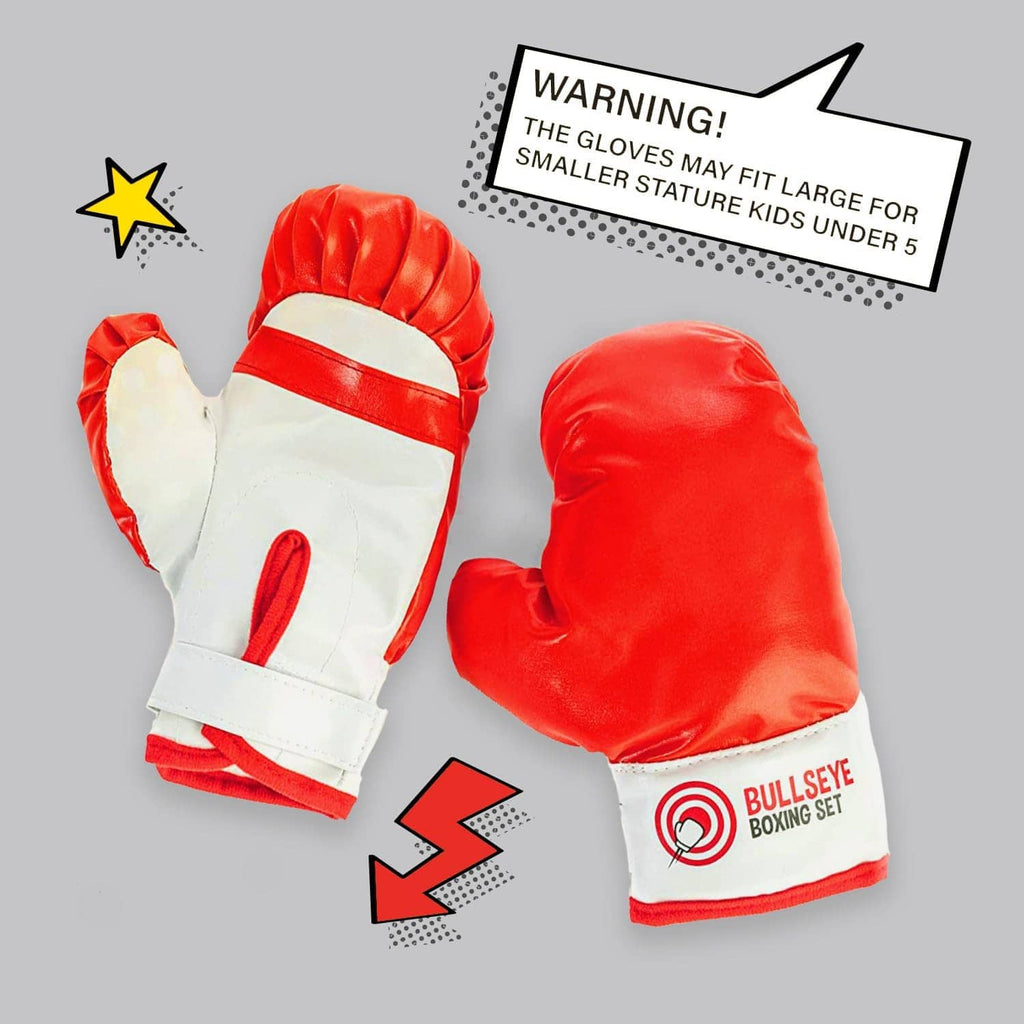 Kids boxing gloves in white and red with warning label visible