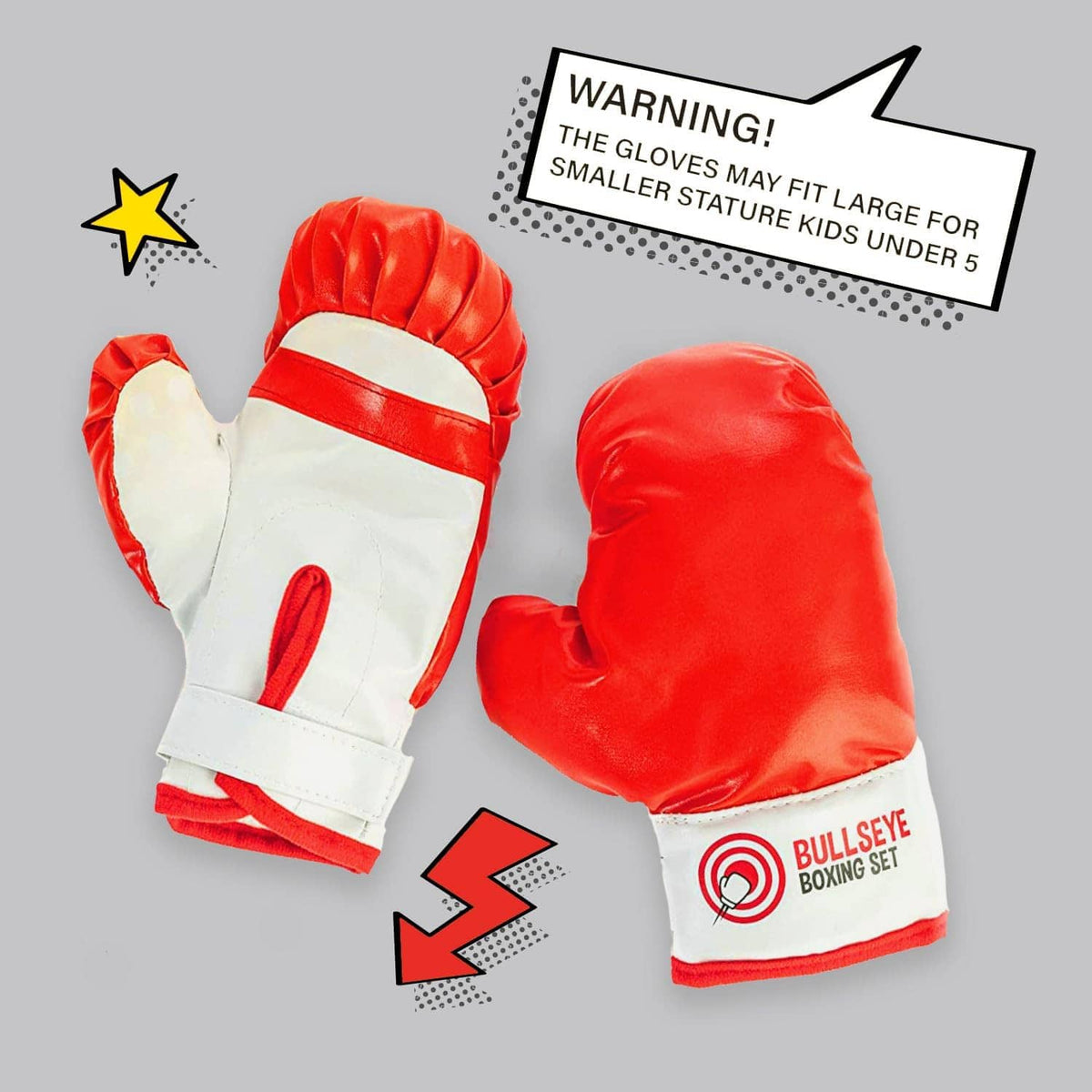 Kids boxing gloves in white and red with warning label visible