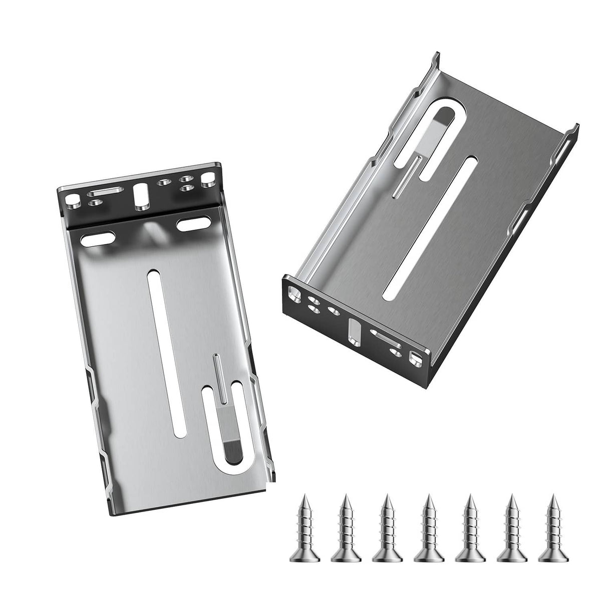 Side-mount drawer slide brackets, silver steel plates with mounting holes and slots