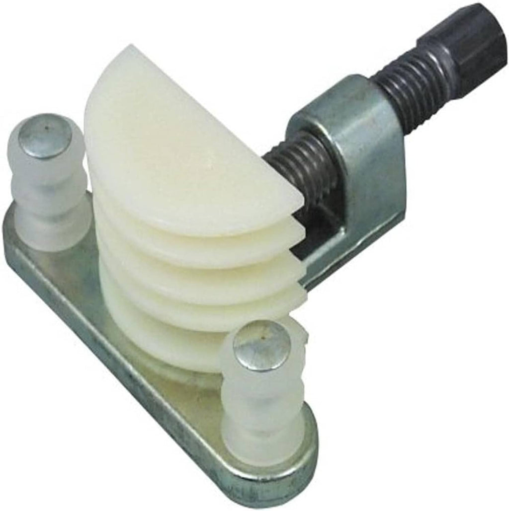 Tubing bender tool with cream bending die and metal clamp base, threaded handle