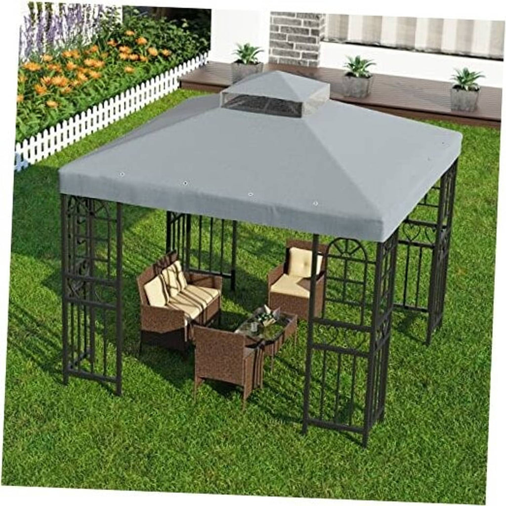 Gray double-tier gazebo canopy top cover on metal frame, with grommeted corners