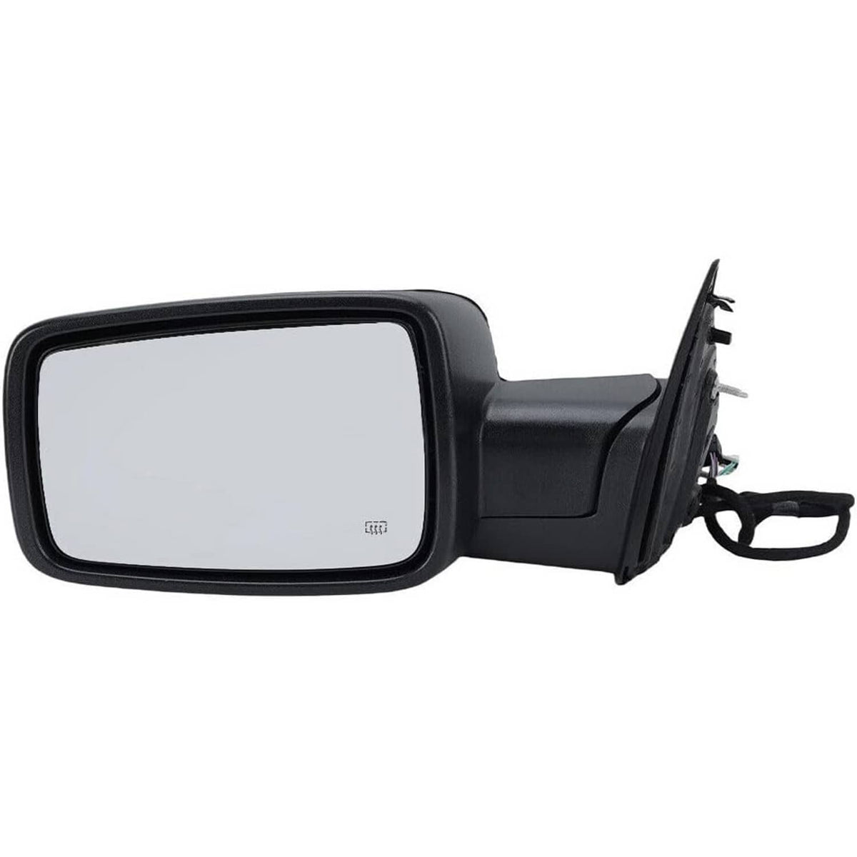 Black side mirror with rectangular glass and connector wiring on the back, heated-ready