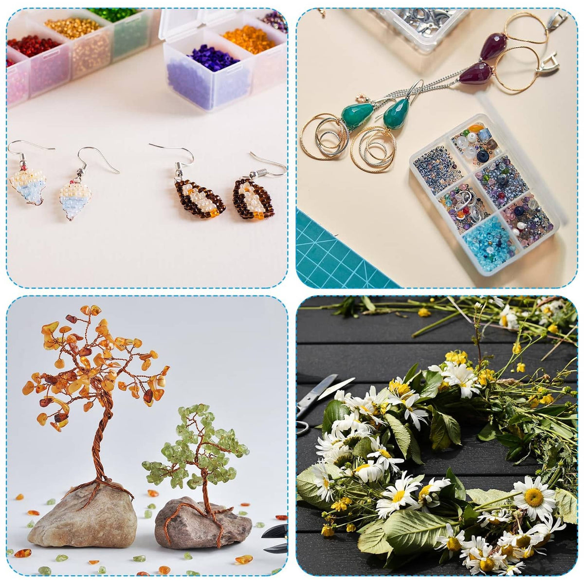 Handmade beaded jewelry with earrings and wire-wrapped designs