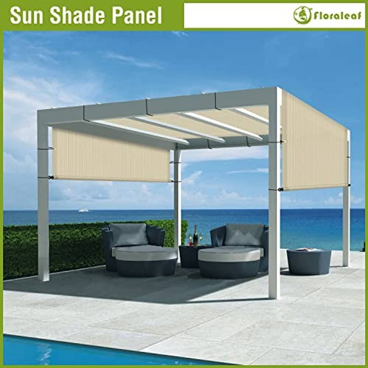Beige pergola shade panel replacement canopy on a black metal frame