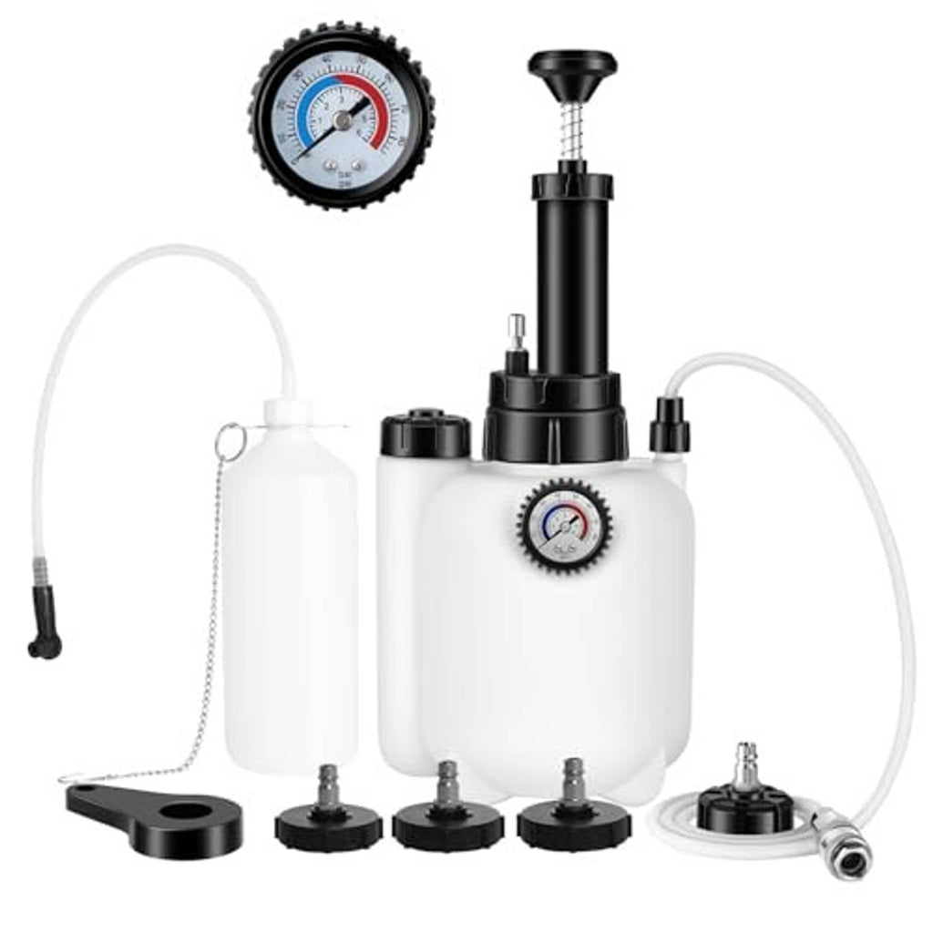 Brake bleeder pressure pump kit with white reservoir and black pump, gauge, hoses, and fittings