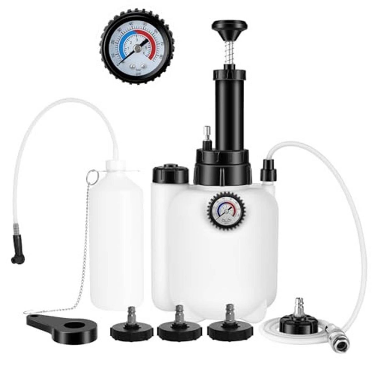 Brake bleeder pressure pump kit with white reservoir and black pump, gauge, hoses, and fittings