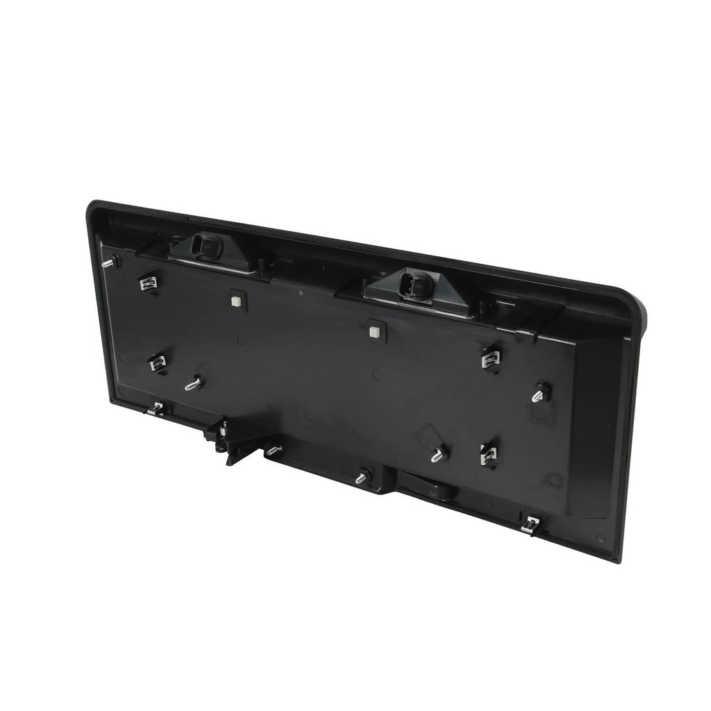 Back panel of tailgate license pocket with multiple screw points and connectors, black plastic