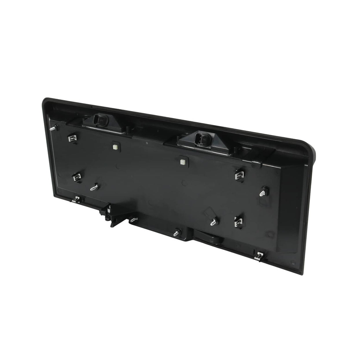 Back panel of tailgate license pocket with multiple screw points and connectors, black plastic