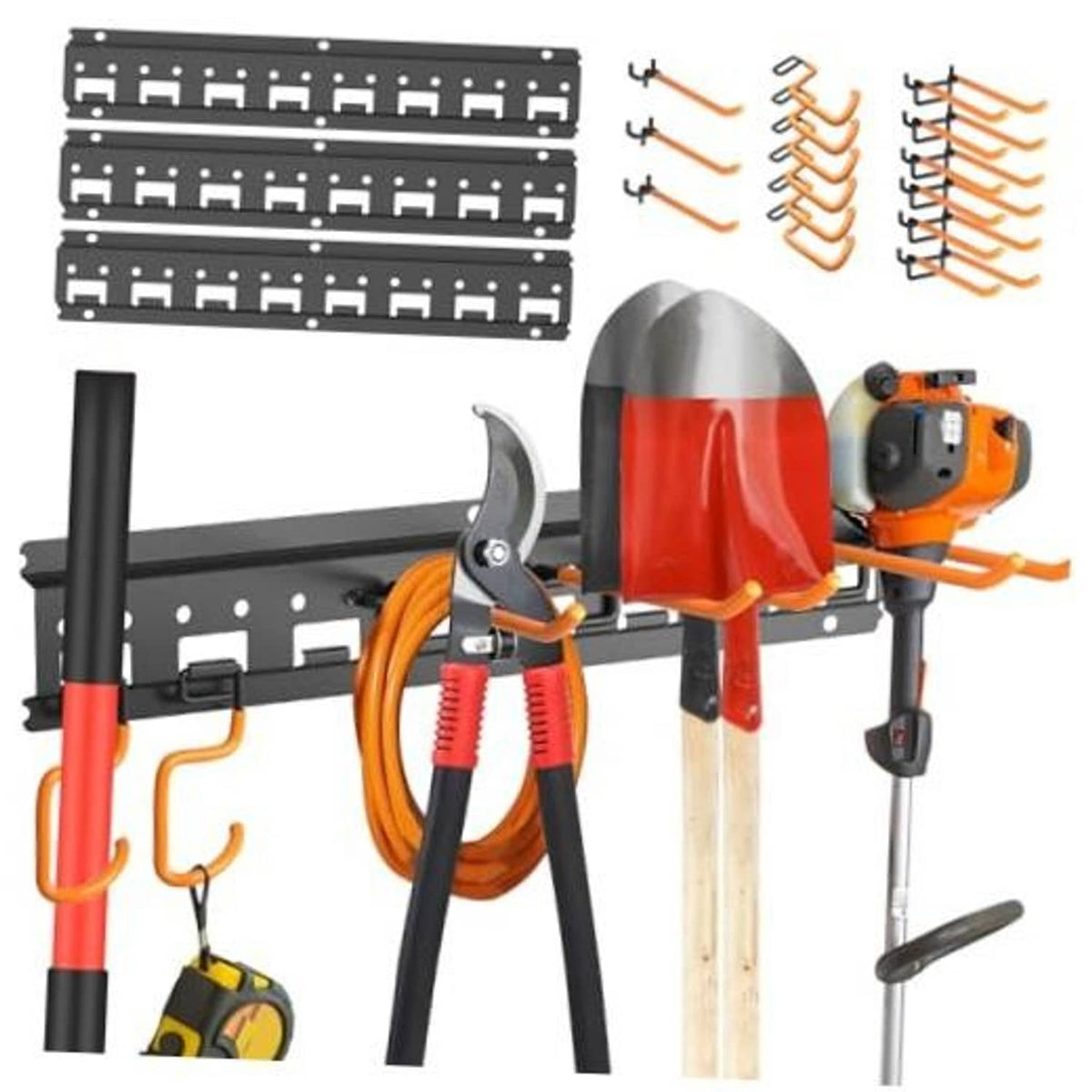 48-inch black wall-mounted pegboard tool organizer with multiple orange hooks and rails