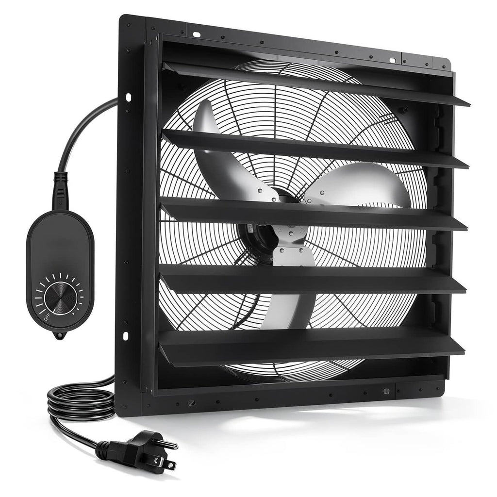 Wall-mount shutter exhaust fan with speed controller and power cord accessories