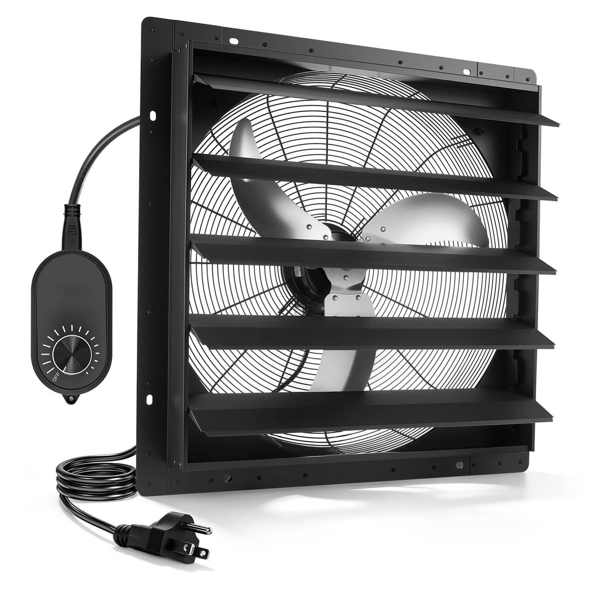Wall-mount shutter exhaust fan with speed controller and power cord accessories
