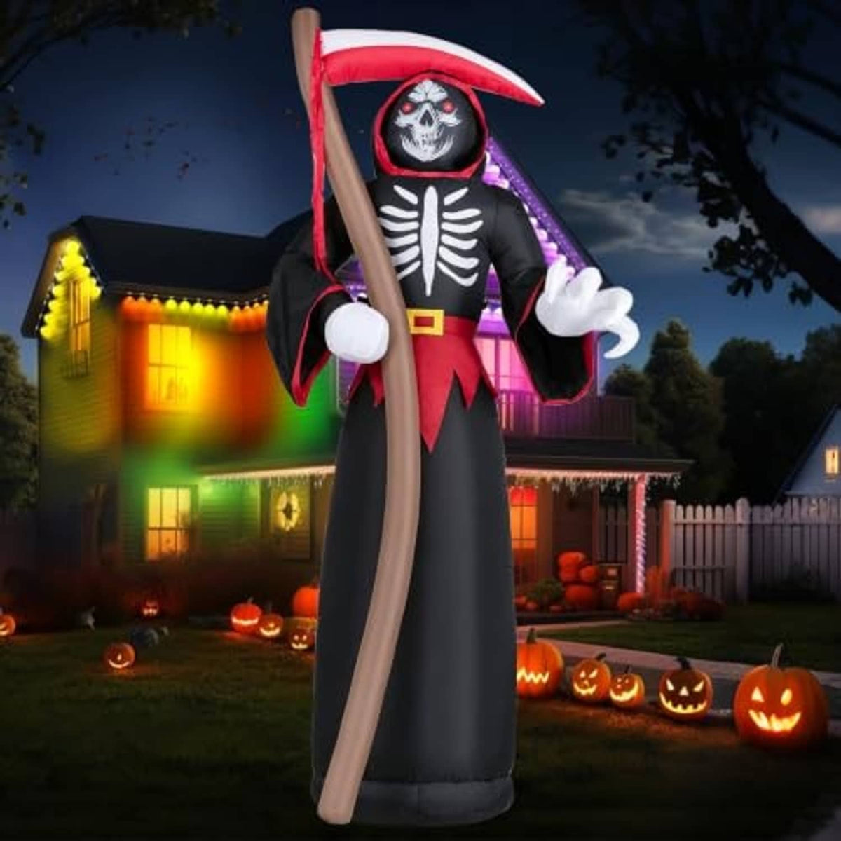 Tall inflatable grim reaper decoration: black robe, red hood, white skull face, gray staff