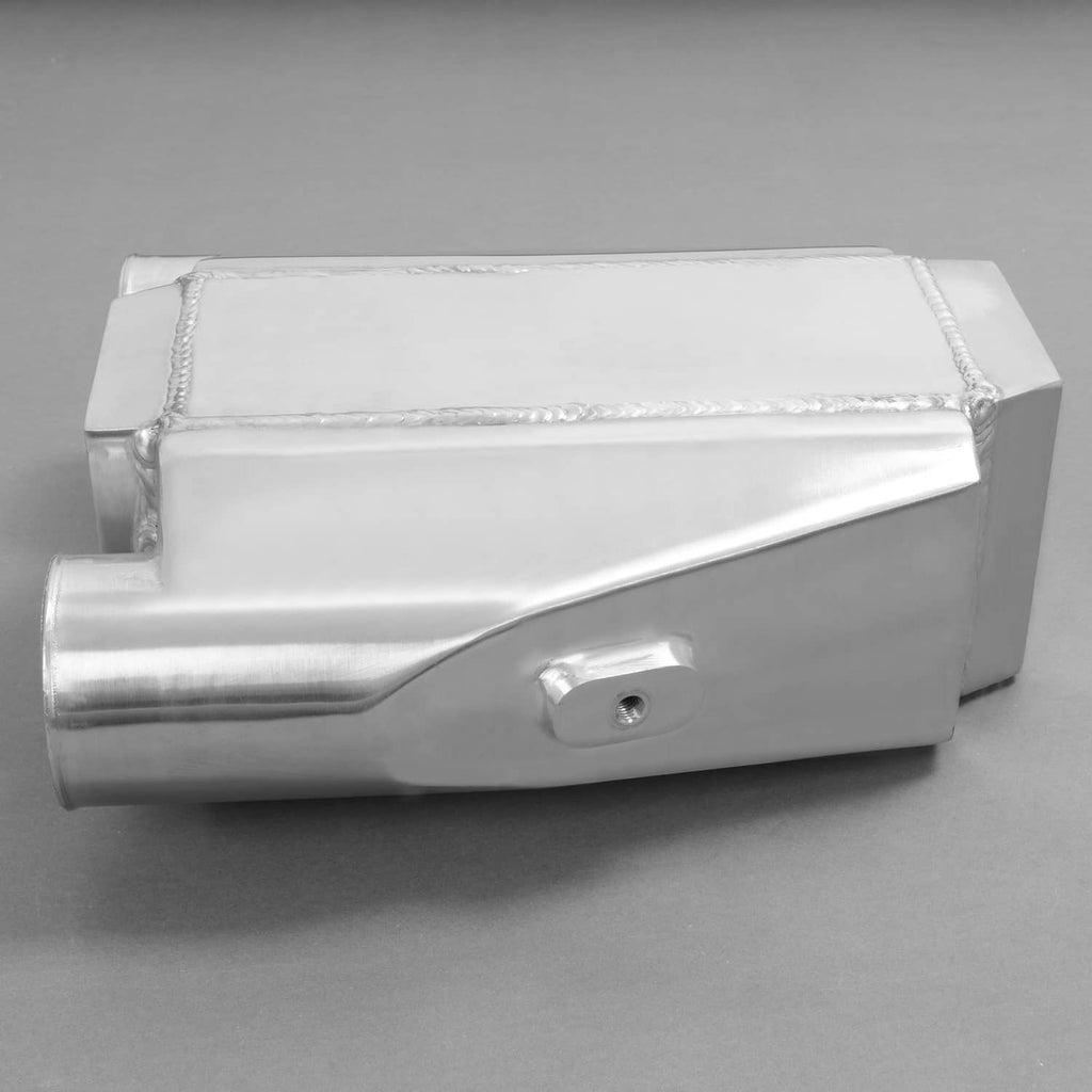Universal air-to-water intercooler end view with side bracket tab and aluminum seam stitching