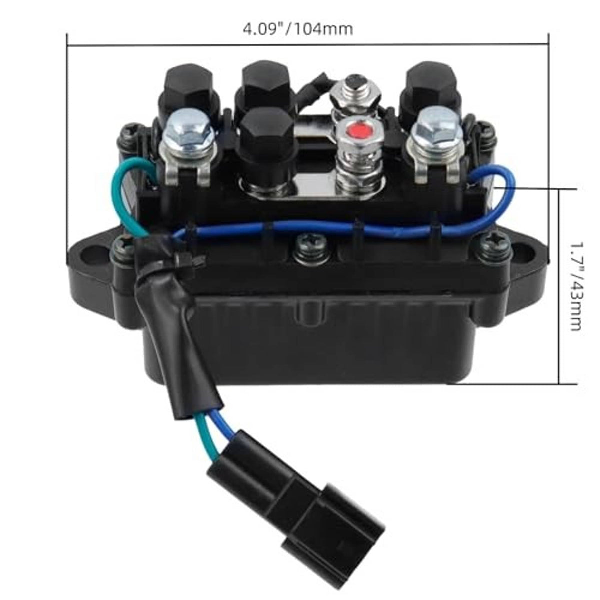 Tilt trim relay module for Yamaha outboard, top view with blue wires and black plug connector
