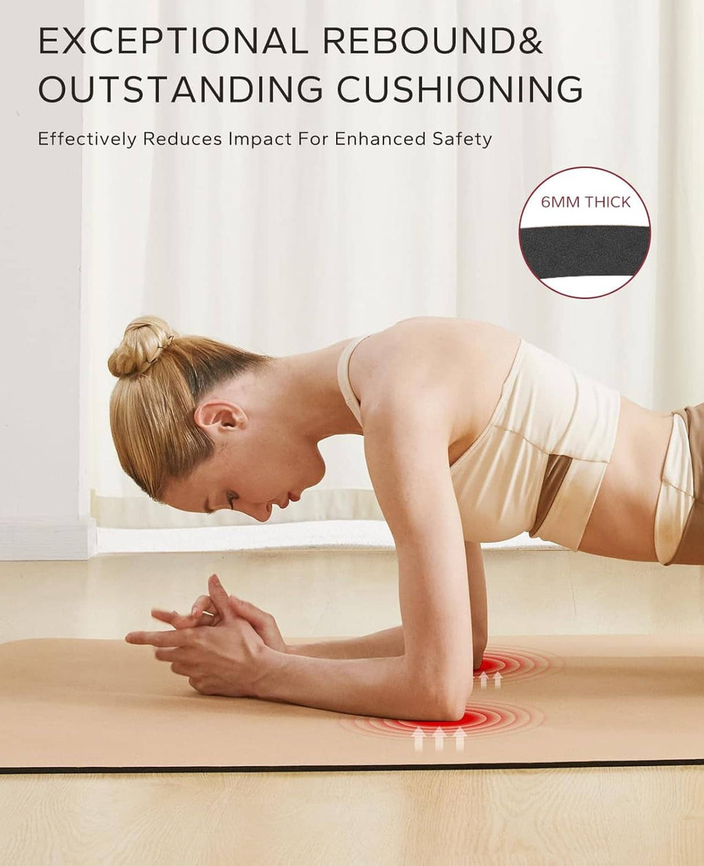 Cork yoga mat on the floor with black anti-slip base during stretching pose