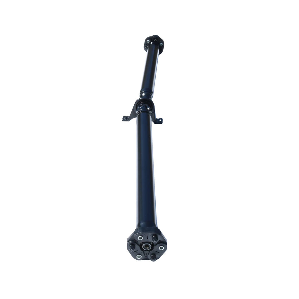 Rear drive shaft, vertical view, dark blue tube with U-joint bearing caps.