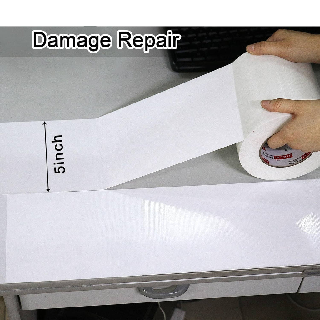 White duct tape being applied by hand to cover a damaged surface, 5-inch width.