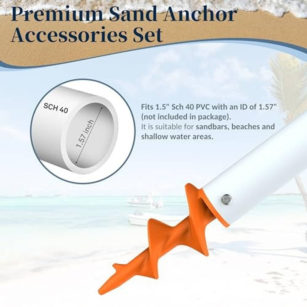 Orange sand auger anchor accessory with clamp-style anchor base for PVC pipe