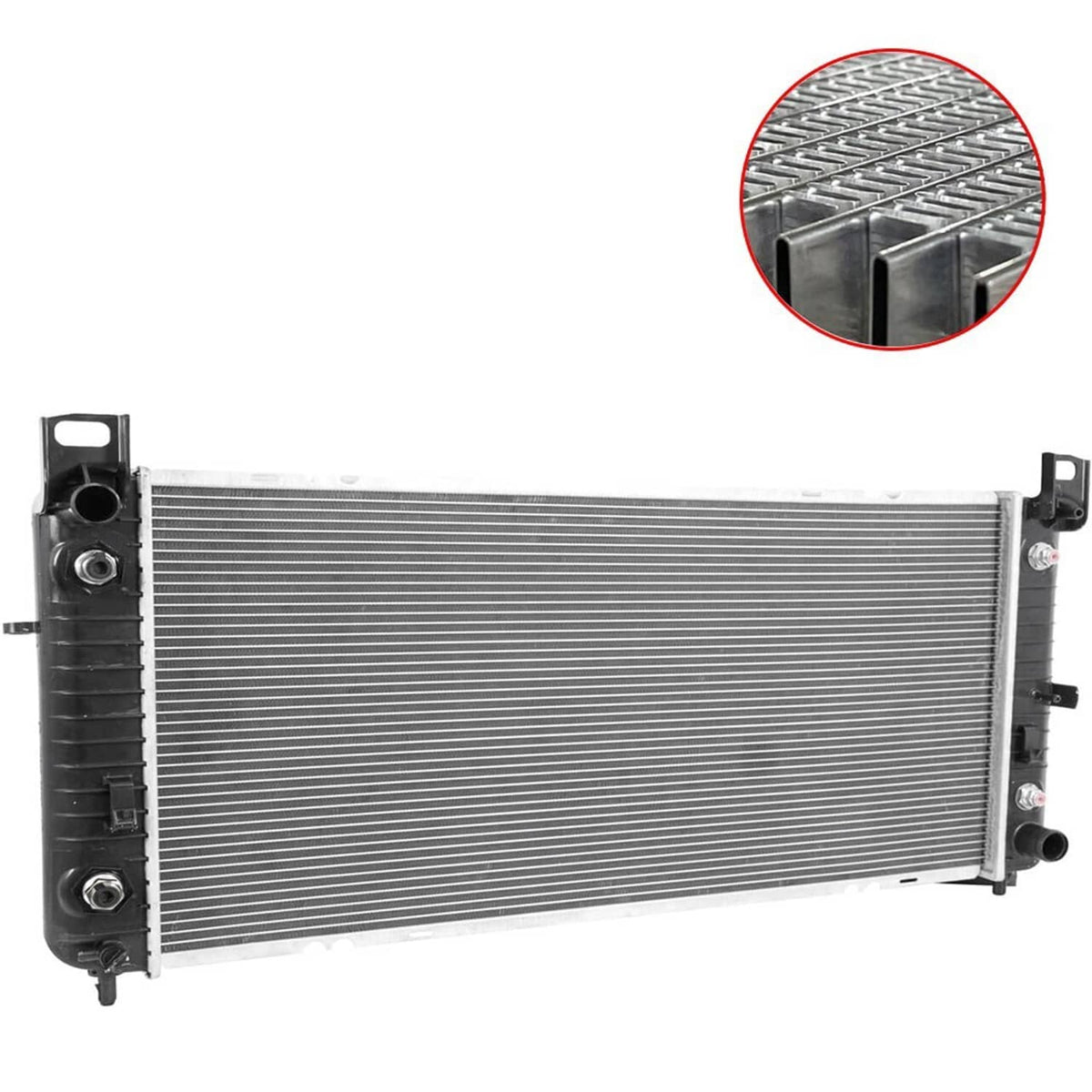 Silver radiator core with dense cooling fins and black mounting side brackets